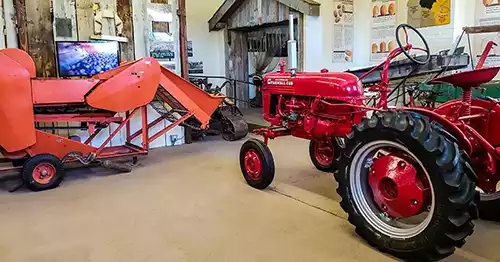 Old, small tractor, and potato farming equipment. 