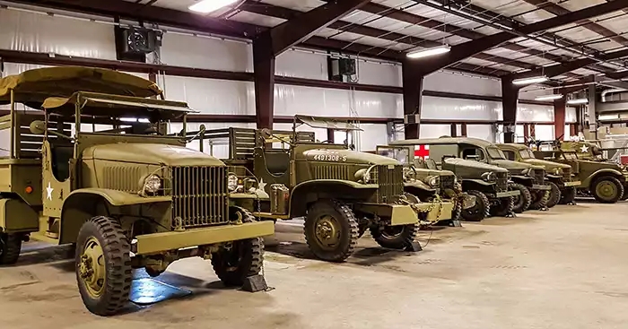 Row of WWII military vehicles 