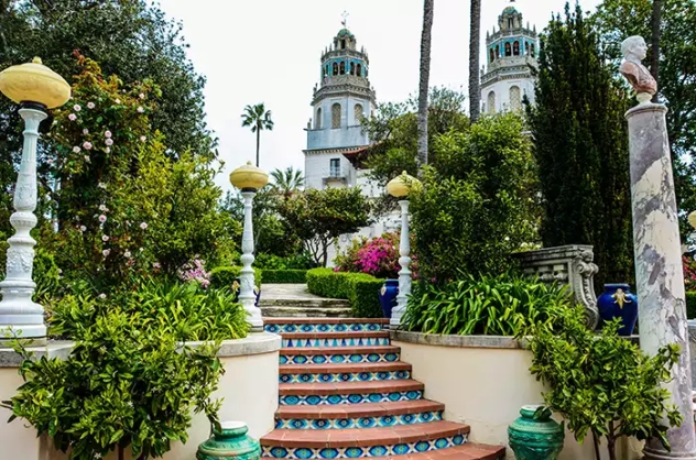 Tiled stairs leading to the main part of Hearst Castle through various gardens. 