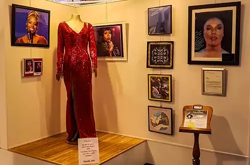 Red evening gown worn by Roberta Flack along with photos in the background. 