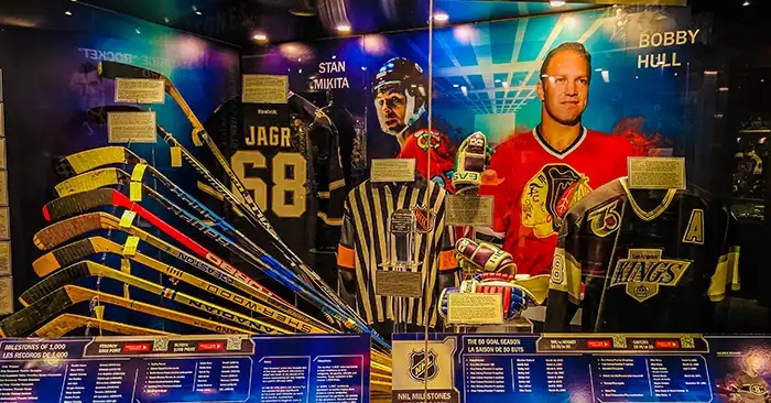 Stan Mikita and Bobby Hull in the Hockey Hall of Fame Museum. 